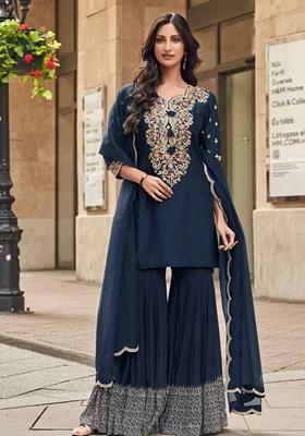 Blue Embroidered Georgette Sharara Set