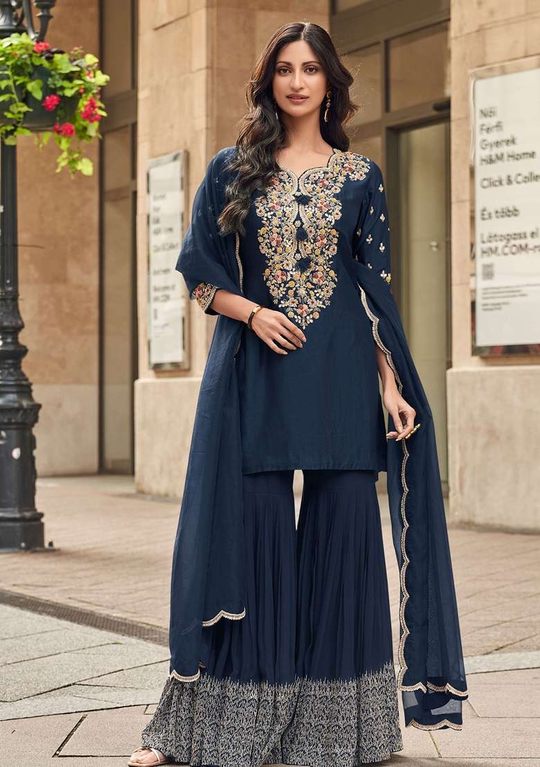 Blue Embroidered Georgette Sharara Set - Indya