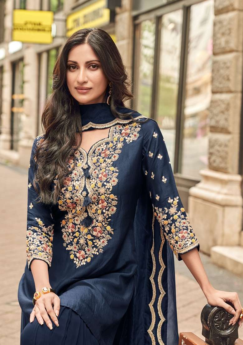 Blue Embroidered Georgette Sharara Set - Indya