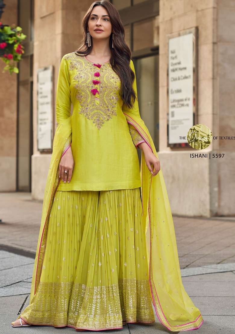 Olive Yellow Embroidered Georgette Sharara Set - Indya