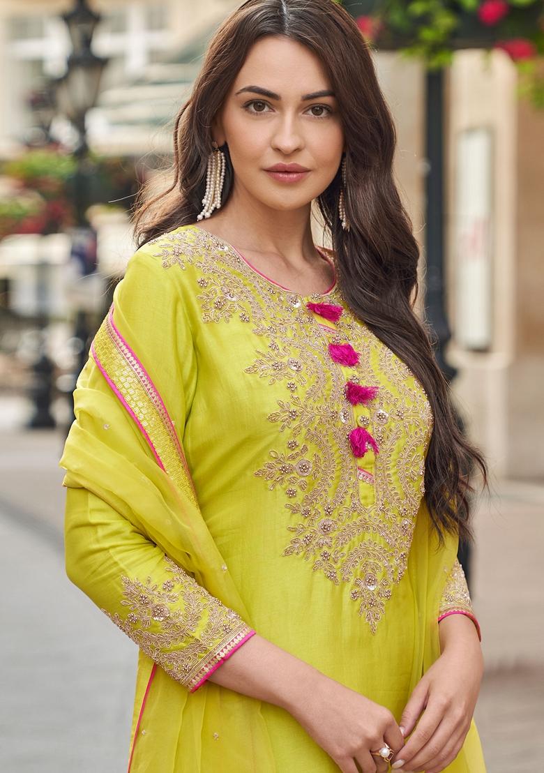 Olive Yellow Embroidered Georgette Sharara Set