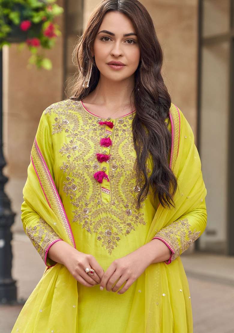 Olive Yellow Embroidered Georgette Sharara Set - Indya