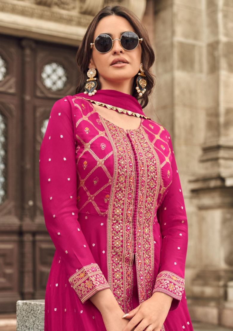 Pink Embroidered Georgette Kurta Set