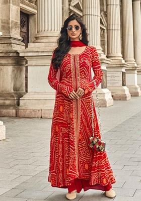 Red Embroidered Georgette Kurta Set