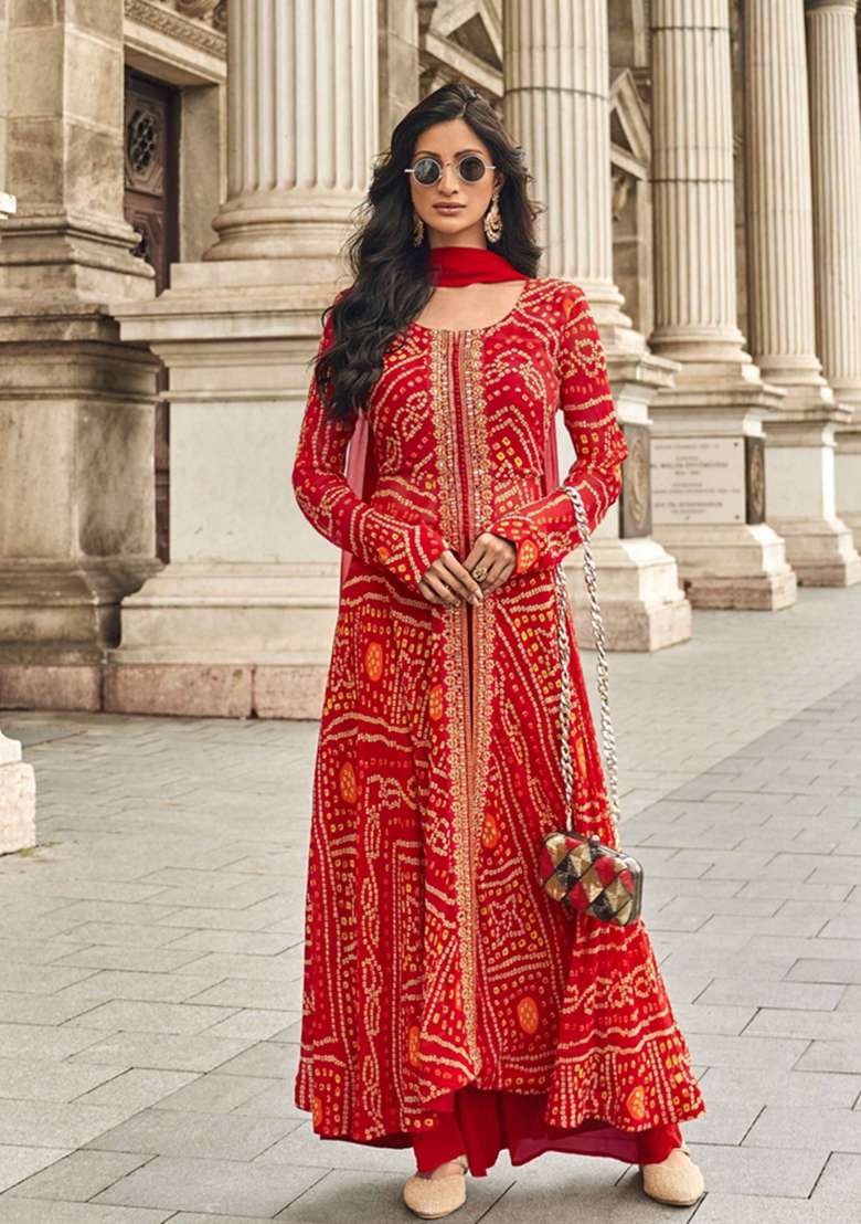Red Bandhani Georgette A Line Kurta Set - Indya