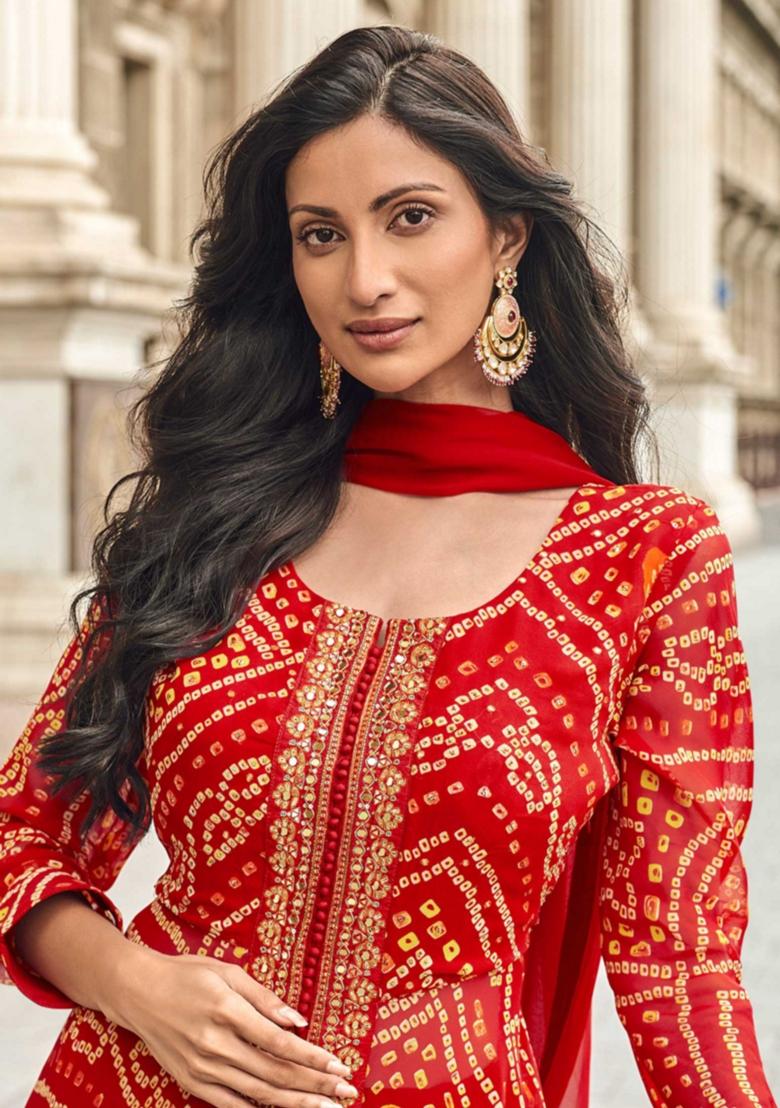 Red Embroidered Georgette Kurta Set