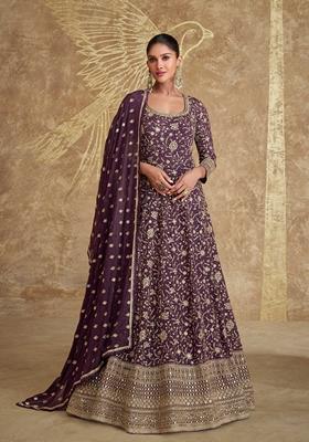 Dark Purple Embroidered Georgette Anarkali Set