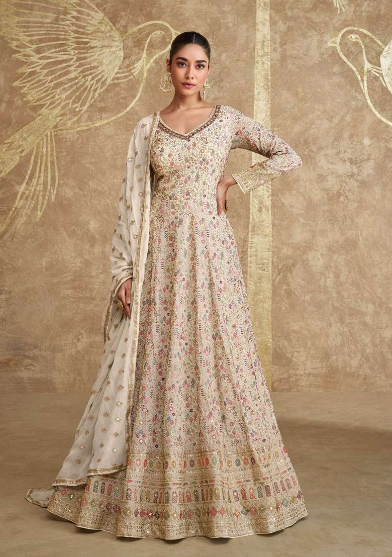Beige Embroidered Georgette Anarkali Set - Indya