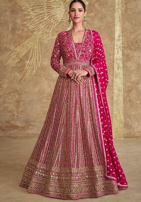 Pink Embroidered Georgette Anarkali Set