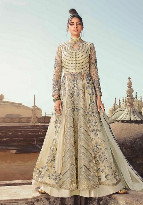 Beige Embroidered Net Anarkali Set