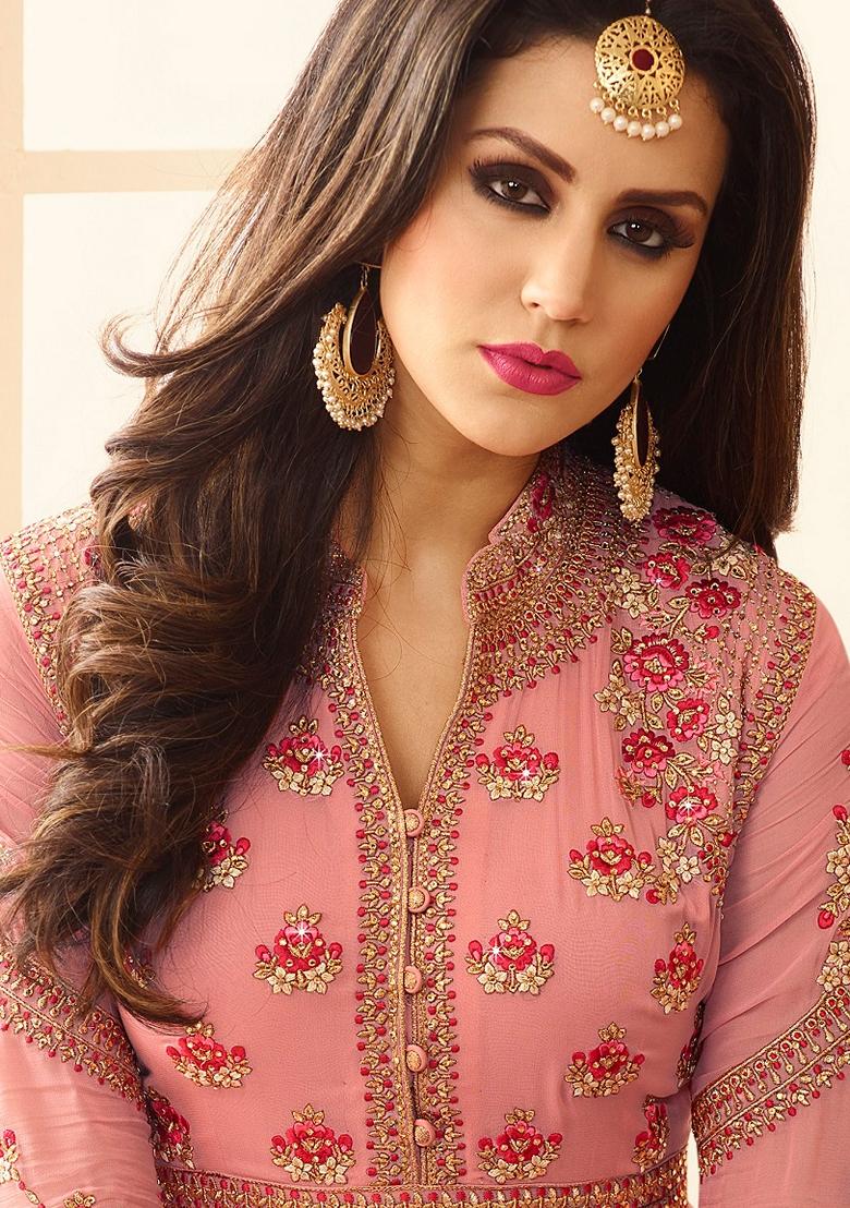 Pink Embroidered Georgette Anarkali Set