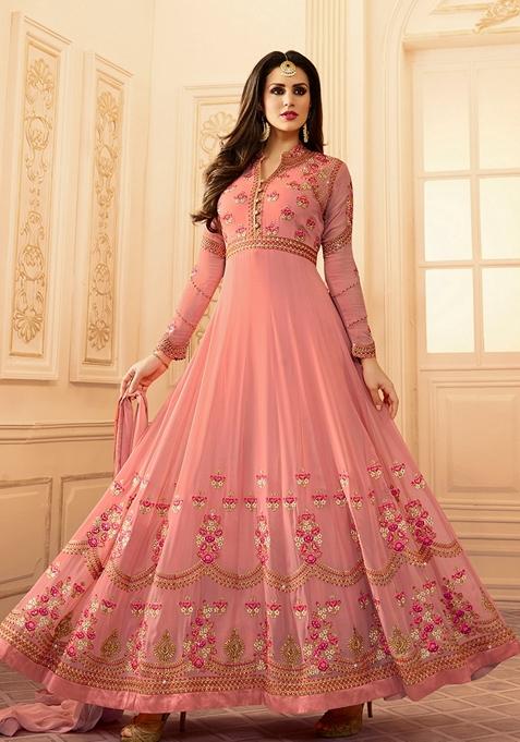 Pink Embroidered Georgette Anarkali Set
