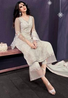 Off White Embroidered Net Kurta Set