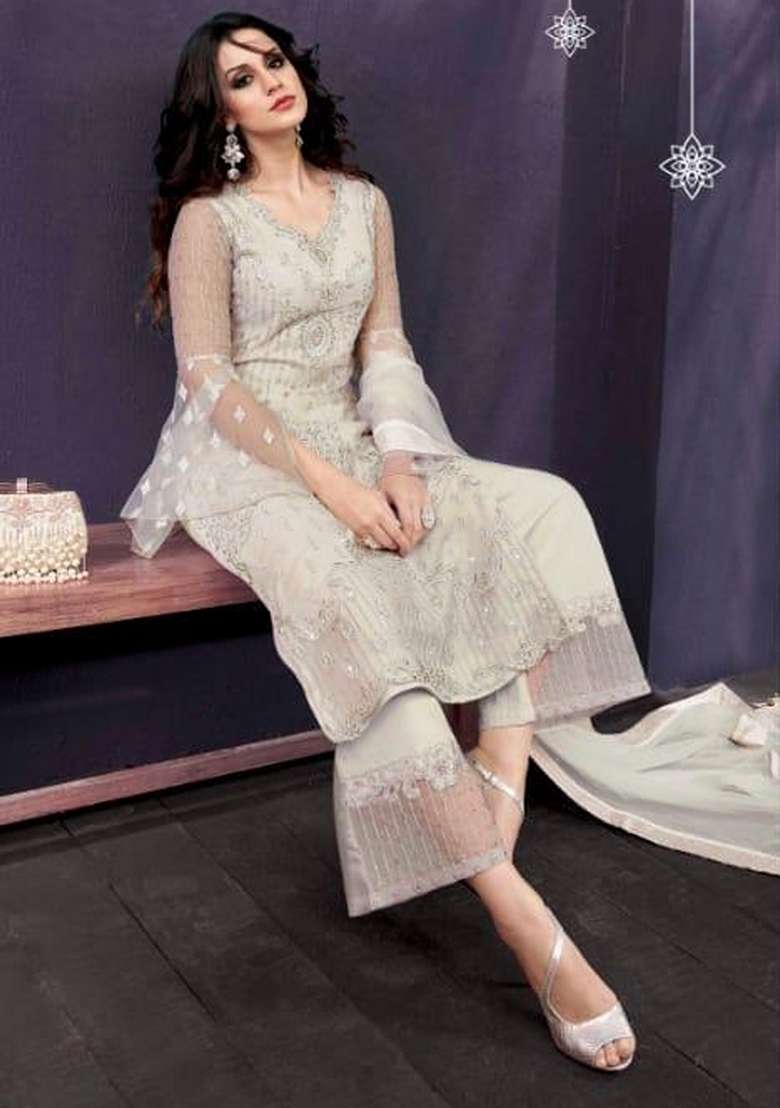 Off White Embroidered Net Pakistani Suit Set - Indya
