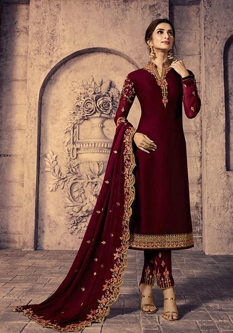 Maroon Embroidered Georgette Kurta Set