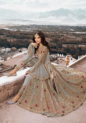 Grey Embroidered Net Anarkali Set