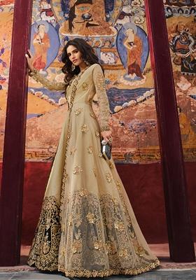 Beige Embroidered Silk Anarkali Set