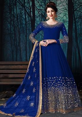 Blue Embroidered Georgette Anarkali Set