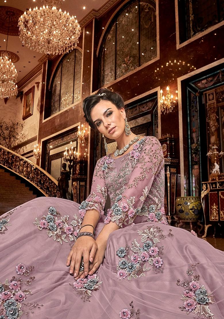 Lavender Embroidered Net Anarkali Set