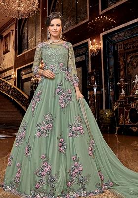 Green Embroidered Net Anarkali Set