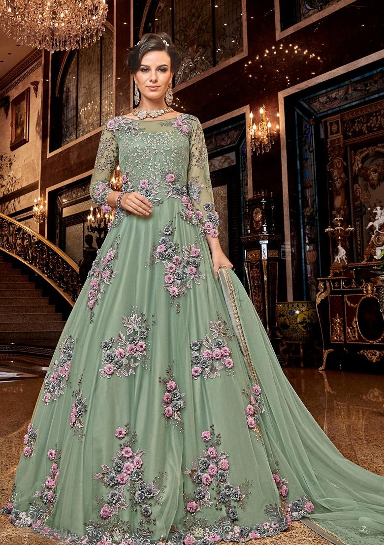 Green Embroidered Net Anarkali Set