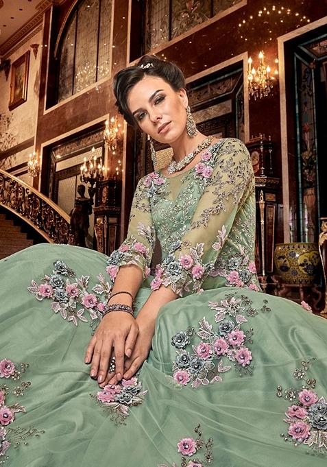Green Embroidered Net Anarkali Set
