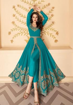 Blue Embroidered Georgette Anarkali Set