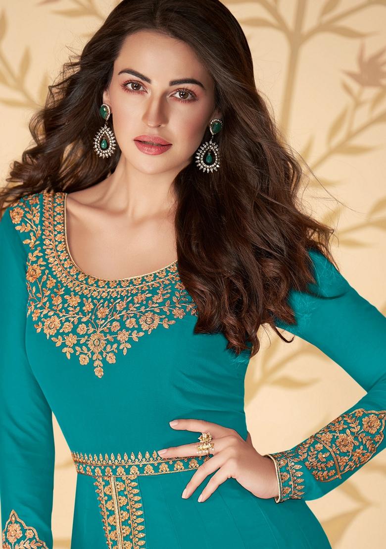 Blue Embroidered Georgette Anarkali Set