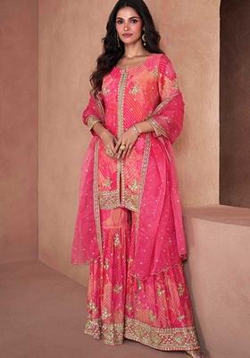Pink Embroidered Chinon Silk Sharara Set