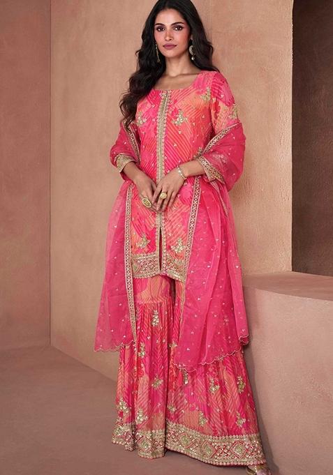 Pink Embroidered Chinon Silk Sharara Set