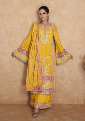 Yellow Embroidered Chinon Kurta Set