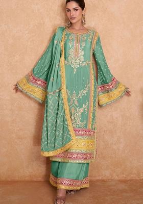 Green Embroidered Chinon Kurta Set