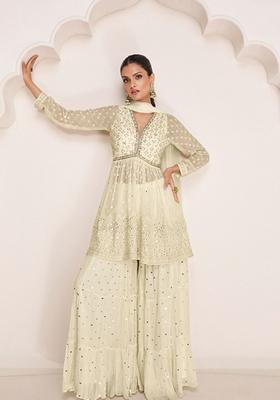 Off White Embroidered Georgette Sharara Set