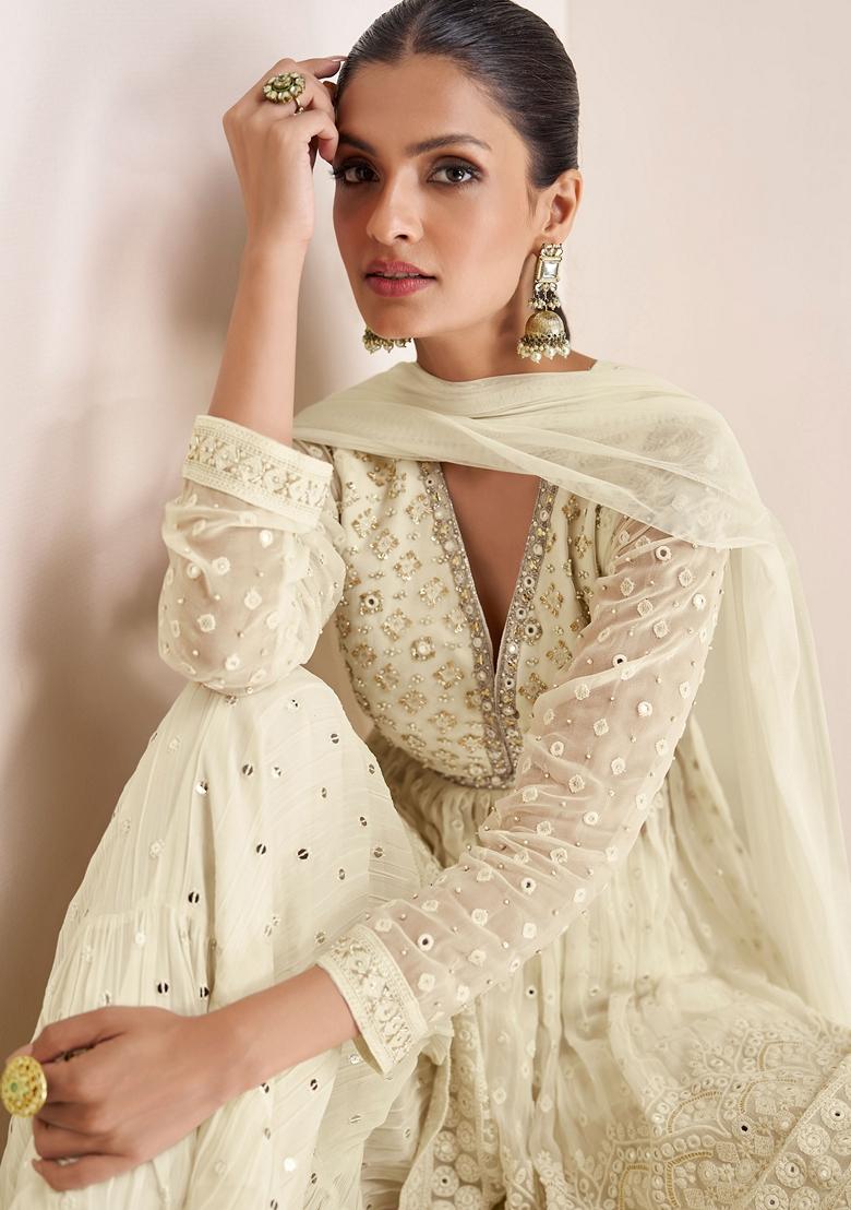 Off White Embroidered Georgette Sharara Set
