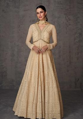 Beige Embroidered Georgette Anarkali Set