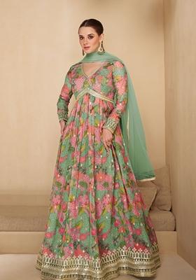 Multicolor And Dusty Green Printed Georgette Anarkali Set