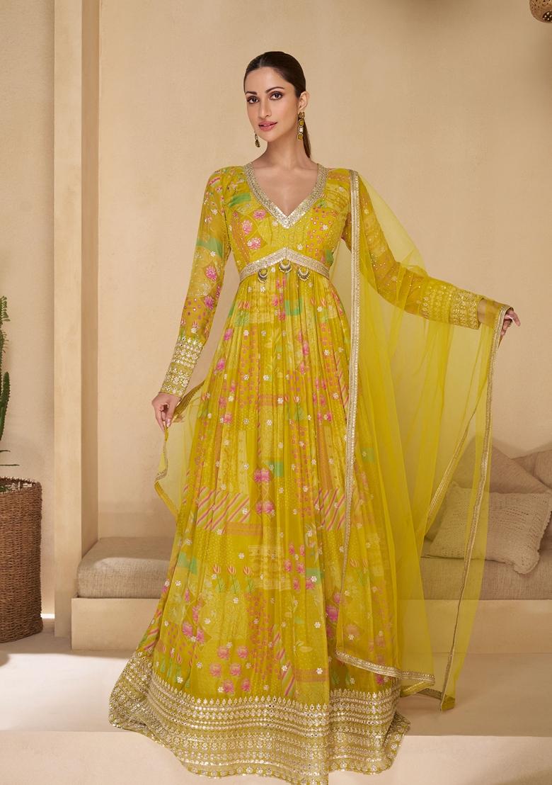 Yellow Printed Georgette Anarkali Set