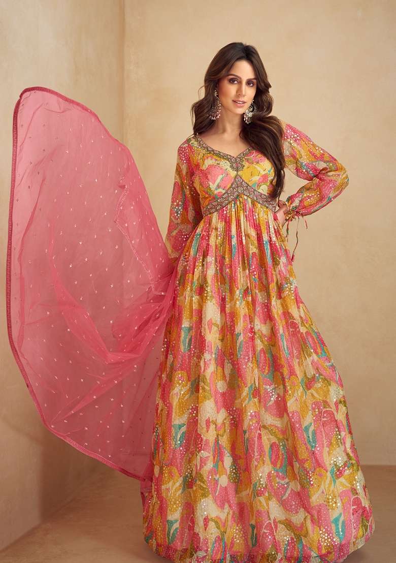 Multicolor Printed Chinon Anarkali With Dupatta - Indya