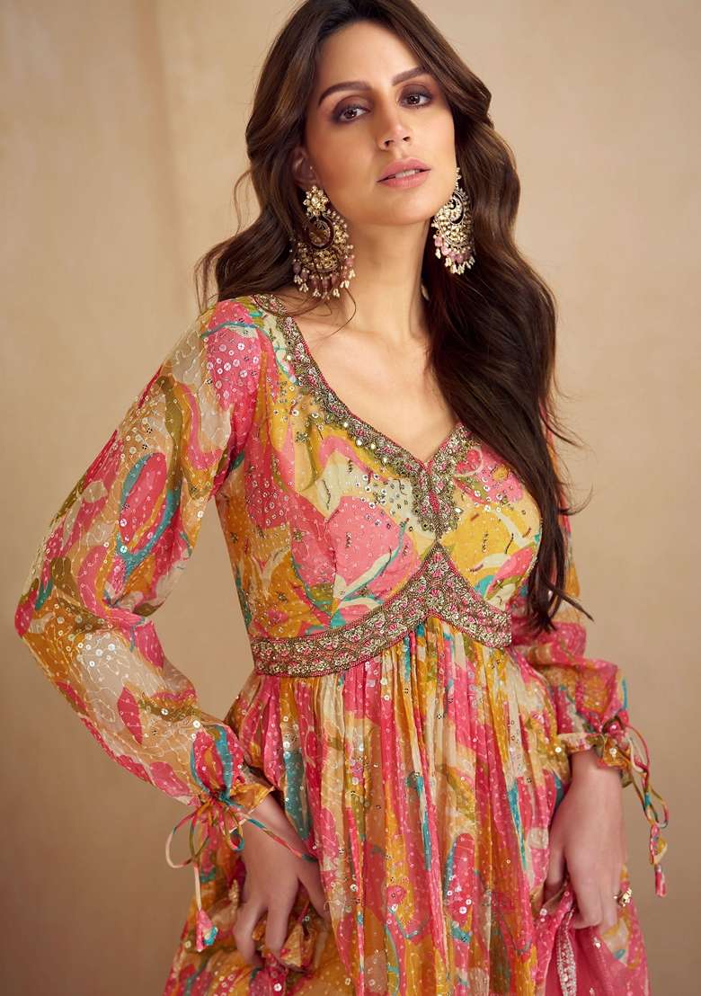 Multicolor Printed Chinon Anarkali With Dupatta - Indya