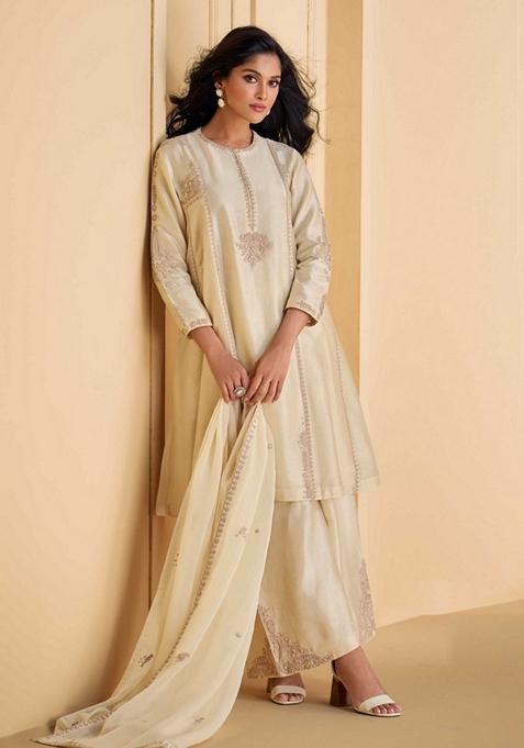 Off White Embroidered Silk Kurta Set