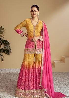 Pink And Mustard Printed Chinon Sharara Set