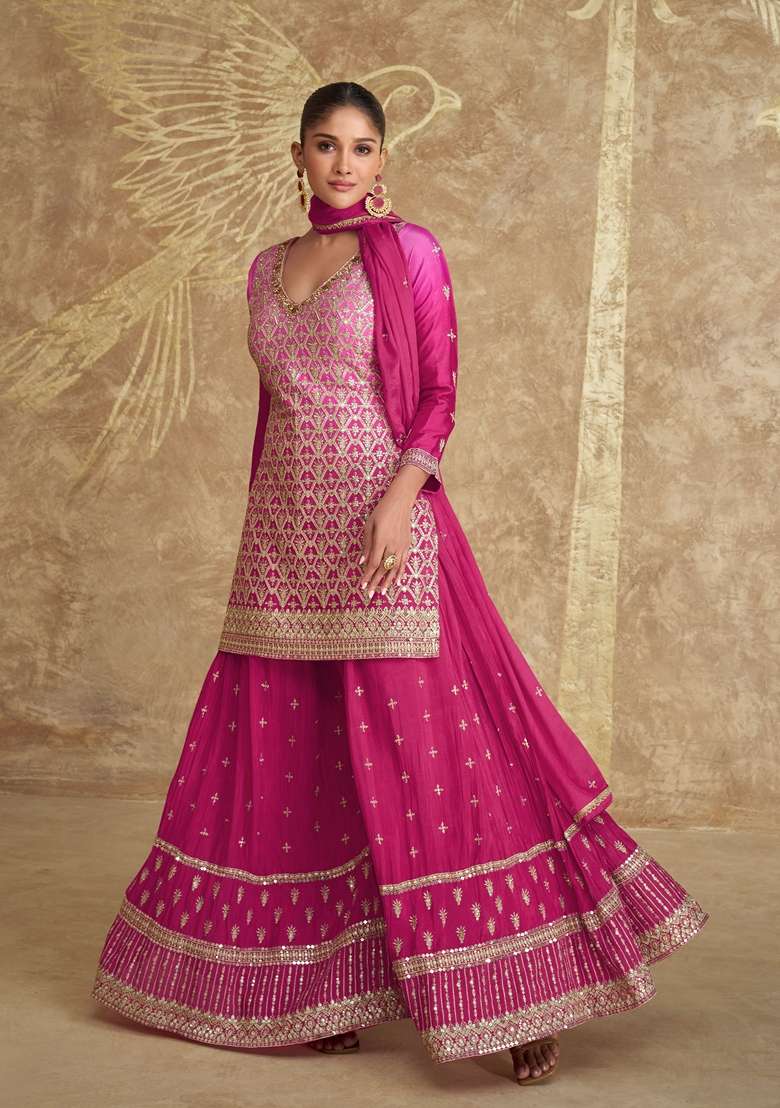 Pink Woven Chinon Silk Blend Sharara Set - Indya
