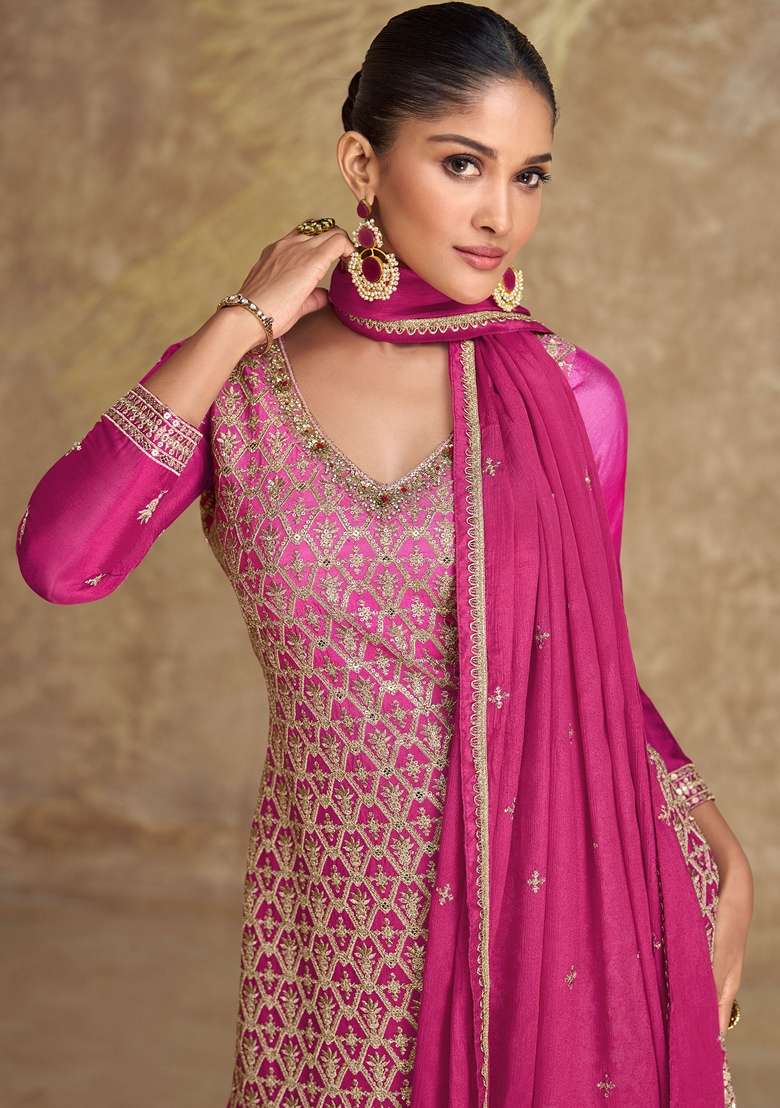 Pink Woven Chinon Silk Blend Sharara Set - Indya