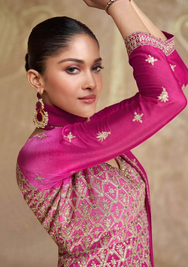 Pink Woven Chinon Silk Blend Sharara Set - Indya