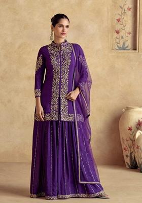 Purple Embroidered Chinon Silk Sharara Set