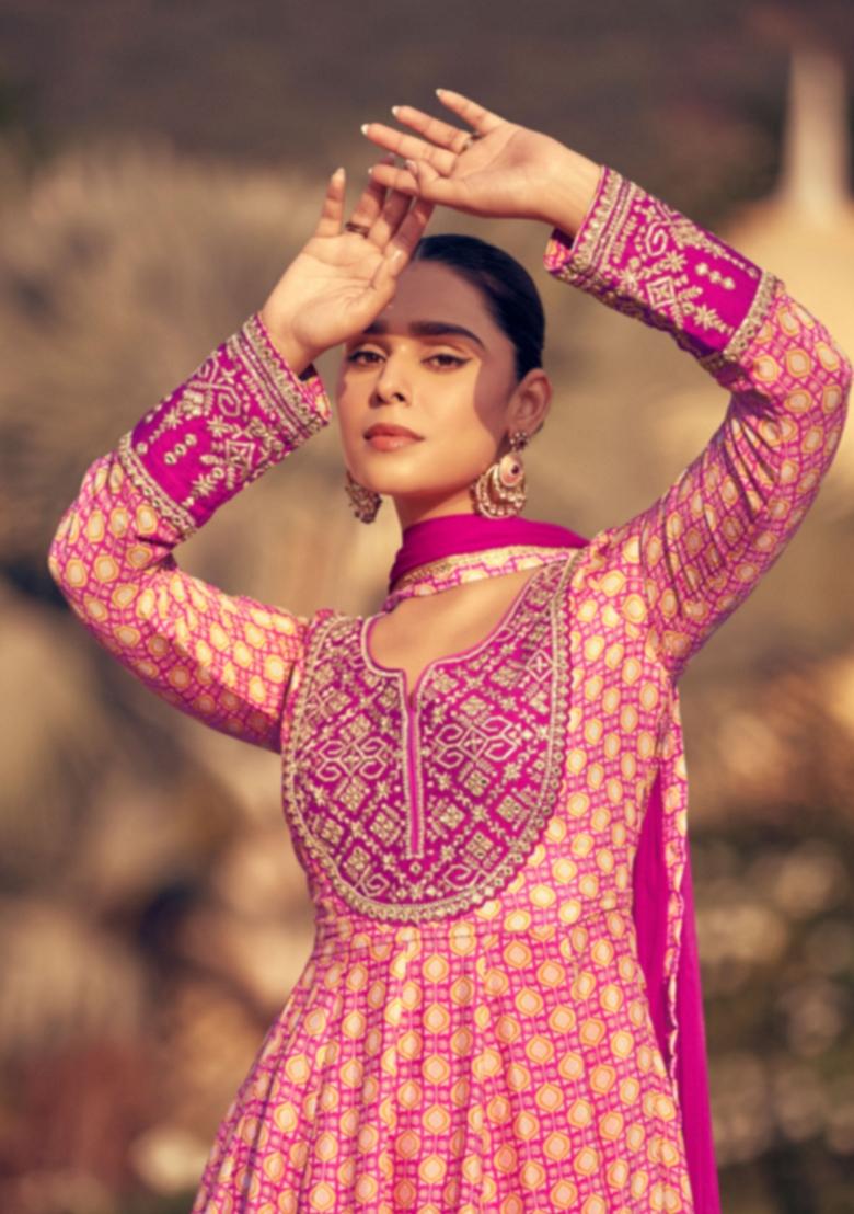 Pink Embroidered Chinon Silk Anarkali Set