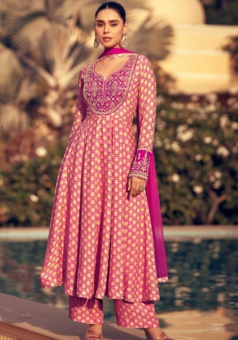 Pink Embroidered Chinon Silk Anarkali Set