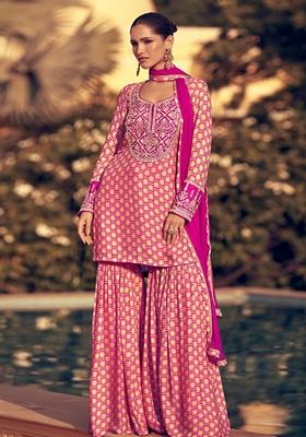 Pink Embroidered Chinon Silk Sharara Set