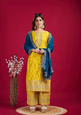 Yellow Sequin Embroidered Chinon Silk Kurta Set