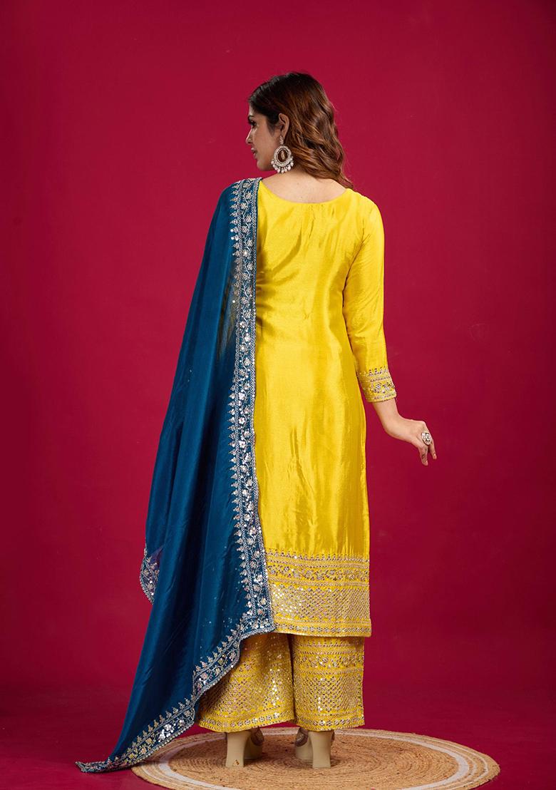 Yellow Sequin Embroidered Chinon Silk Kurta Set